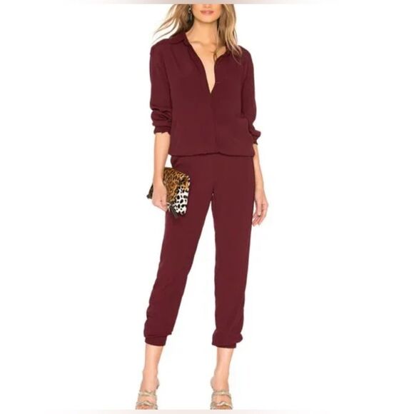 MONROW NWT Crepe Jumpsuit Women’s XS Bordeaux Long Sleeve Button Waist Work - Picture 1 of 12